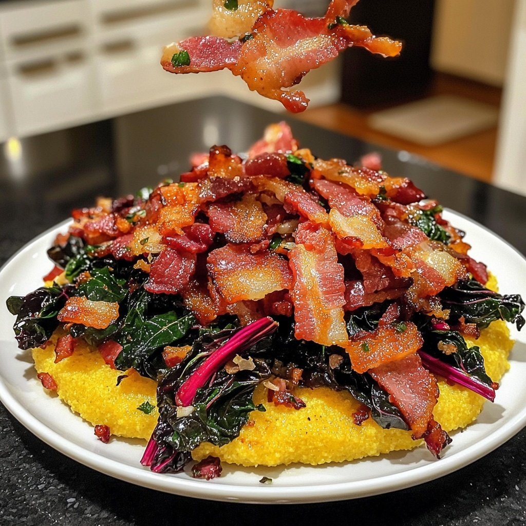 Spicy Rainbow Chard with Bacon and Polenta
