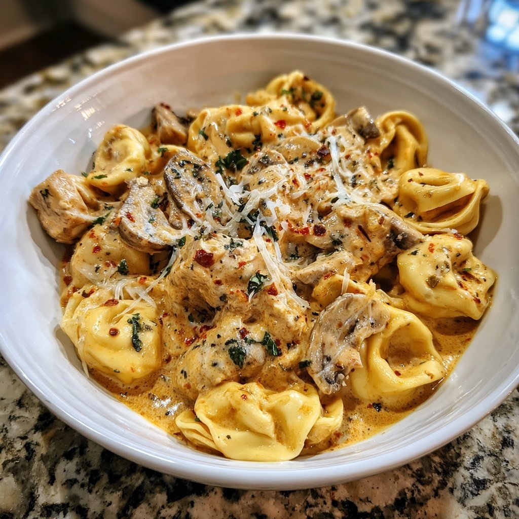 Creamy Asiago Chicken and Mushroom Tortellini